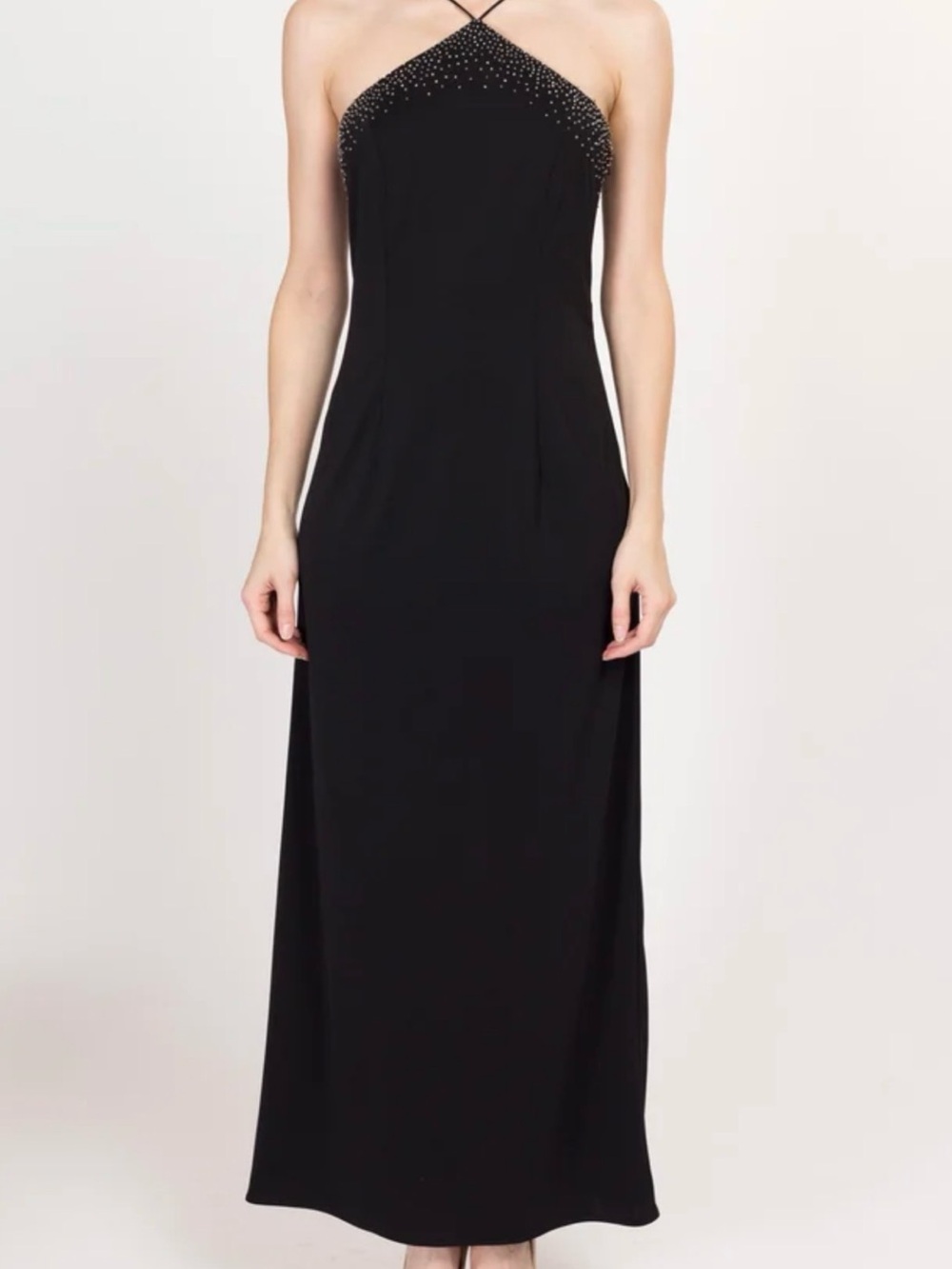 Vintage 1990s Black Beaded Low Back Halter Maxi Dress